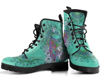 Teal Boho Boots , Boho Shoes, Women's Boots, Vegan Leather Combat Boots, Classic Boot, Boho Pattern , Casual Boots Women