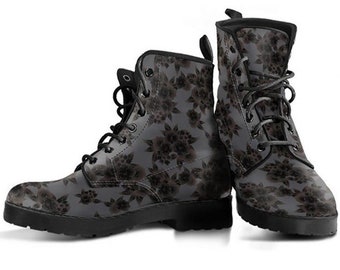 Blumen Kampfstiefel, Graue Schuhe, Damenstiefel, Vegan Leder Kampfstiefel, Klassischer Stiefel, Graues Muster, Lässige Stiefel Frauen