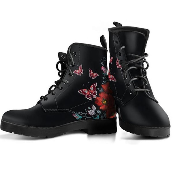 Vintage Flower Boots, Flower Shoes, Women's Boots, Vegan Leather Combat Boots, Classic Boot, Vintage Pattern , Casual Boots Women