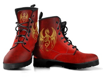 Bottes dragon rouges, chaussures dragon, bottes pour femmes, bottes de combat en cuir végétalien, botte classique, imprimé dragon couleur dorée, bottes décontractées pour femmes