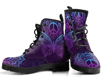 Purple Butterfly Boots, Butterfly Shoes, Women's Boots, Vegan Leather Combat Boots, Classic Boot, Butterfly Pattern , Casual Boots Women