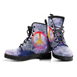 Pink Purple Peace Sign Mandala Boot Shoes, Women's Boots, Vegan Leather Combat Boots, Classic Boot, Casual Boots Women Vegan Leather Boots