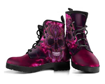 Pink Purple Skull Boot Shoes, Women's Boots, Vegan Leather Combat Boots, Classic Boot, Casual Boots Women Vegan Leather Boots