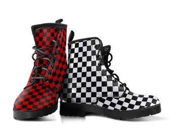 Red White Checkers Punk Boot Shoes, Women's Boots, Vegan Leather Combat Boots, Classic Boot, Casual Boots Women Vegan Leather Boots