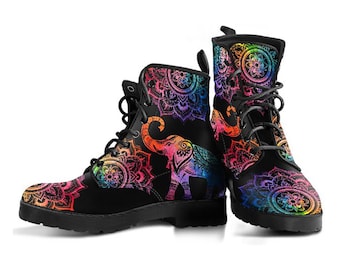 Colorful Elephant Mandalas Boots, Womens Boot Shoes, Women's Boots, Vegan Leather Combat Boots, Classic Boot, Casual Boots Vegan Leather