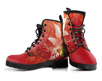 Orange Red Flower Boot Shoes, Women's Boots, Vegan Leather Combat Boots, Classic Boot, Casual Boots Women Vegan Leather Boots