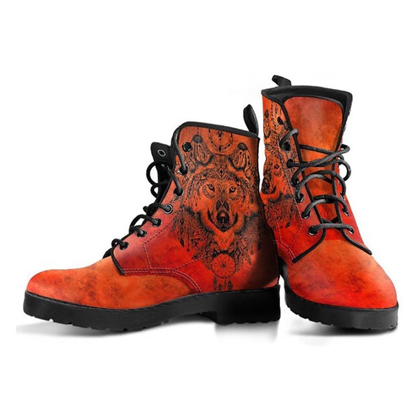 Red Boho Wolf Boot Shoes, Women's Boots, Vegan Leather Combat Boots, Classic Boot, Casual Boots Women Vegan Leather Boots