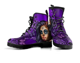 Calavera Purple Women's Leather Boots, Womens Boot Shoes, Women's Boots, Vegan Leather Combat Boots, Classic Boot, Casual Boots Women