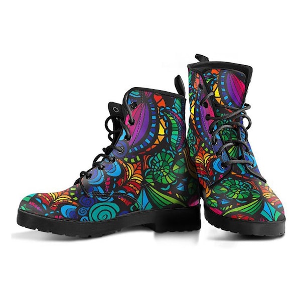 Colorful Mosaic Flower Boots, Womens Boot Shoes, Women's Boots, Vegan Leather Combat Boots, Classic Boot, Casual Boots Vegan Leather