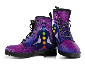 Purple Mandala Chakras Meditator Womens Boots Yoga Shoes, Women's Boots, Vegan Leather Combat Boots, Classic Boot, Casual Boots Women