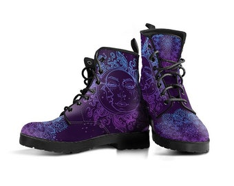 Purple Sun Moon Mandala Womens Boot Shoes, Women's Boots, Vegan Leather Combat Boots, Classic Boot, Casual Boots Cowgirl Shoes