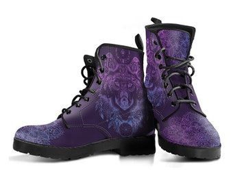 Purple Boho Wolf Mandala Boot Shoes, Women's Boots, Vegan Leather Combat Boots, Classic Boot, Casual Boots Women Vegan Leather Boots