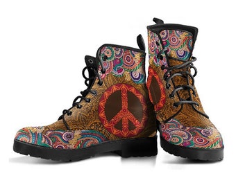 Brown Funky Peace Sign Boots, Womens Boot Shoes, Women's Boots, Vegan Leather Combat Boots, Classic Boot, Casual Boots Women