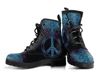 Peace Sign Mandala Boot Shoes, Women's Boots, Vegan Leather Combat Boots, Classic Boot, Casual Boots Women Vegan Leather Boots