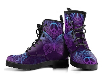 Purple Butterfly Peace Sign Mandala Boot Shoes, Women's Boots, Vegan Leather Combat Boots, Classic Boot, Casual Boots Women Vegan Leather