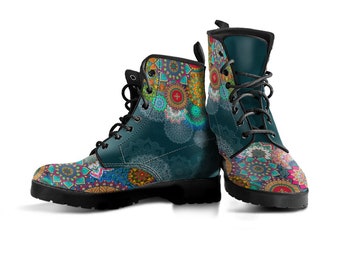 Colorful Mandala Boots, Womens Boot Shoes, Women's Boots, Vegan Leather Combat Boots, Classic Boot, Casual Boots Vegan Leather