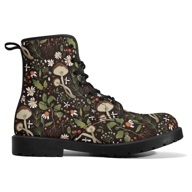 Goblincore Boots, Woodland Mushroom Combat Boot, Vegan Combat Boots, Witchcore Festival Club Boot, Faecore Mushroom Butterly Print Boots image 1