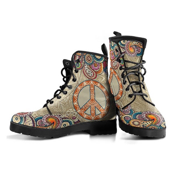 Vintage Peace Sign, Brown Tan Earthy, Women's Boots, Vegan Leather, Combat Style Boots, Mandala Swirls, Sixties Pattern, Hippie Gyspy Fairy