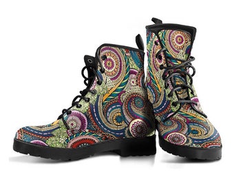 Funky Henna Mandalas Boot Shoes, Women's Boots, Vegan Leather Combat Boots, Classic Boot, Casual Boots Women Vegan Leather