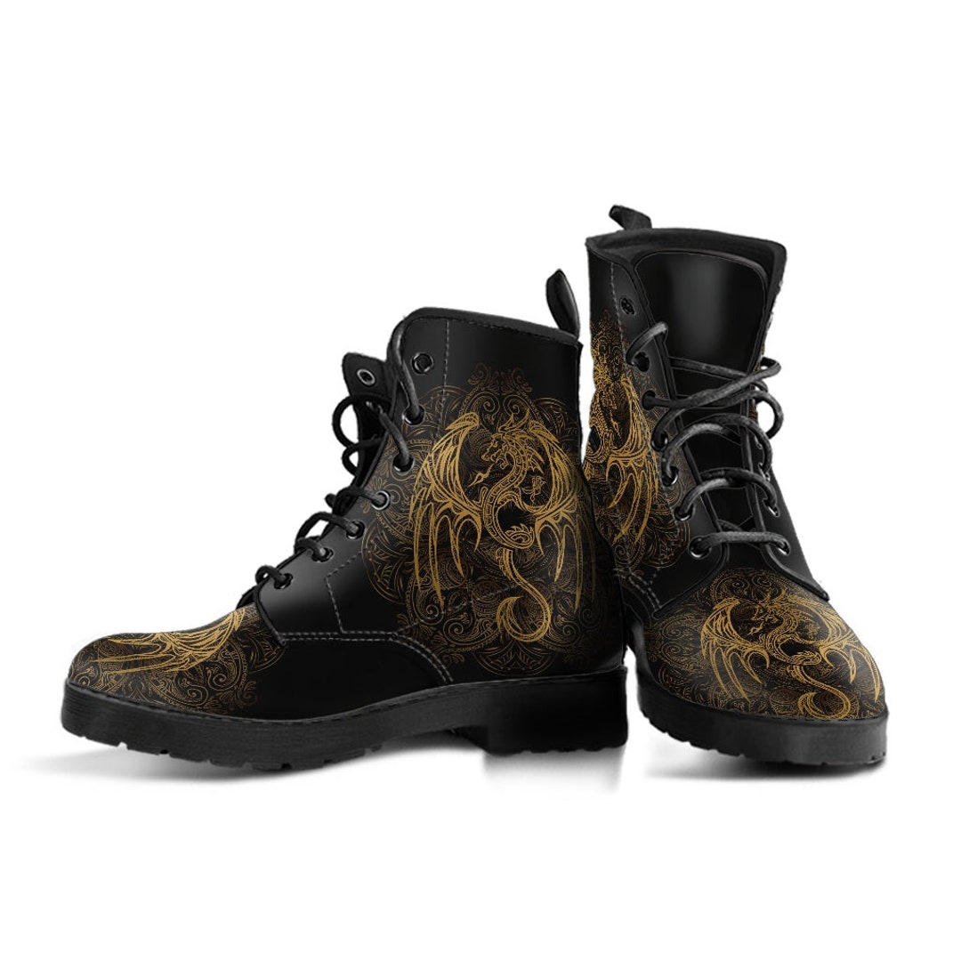 Gold Janpanese Dragon Print Women's Boots