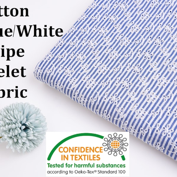 Cotton Blue/White Stripe  Eyelet Embroidery Flower Fabric - G11156/021, Eyelet Embroidery Flower Fabric, Dress Blouse Fabric