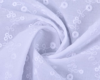 White Cotton Fabric With Embroidered Flower, Eyelet Embroidery Flower Fabric, Dress Blouse Fabric - 1/2 Yard