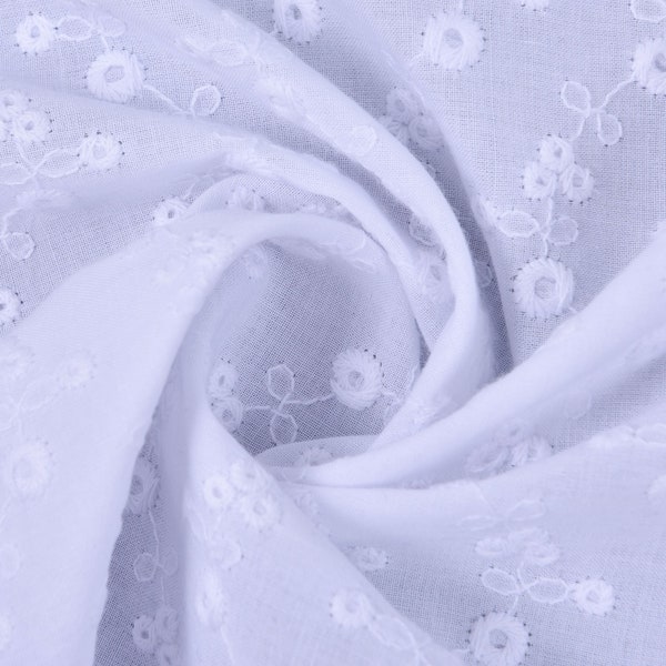 White Cotton Fabric With Embroidered Flower, Eyelet Embroidery Flower Fabric, Dress Blouse Fabric - 1/2 Yard