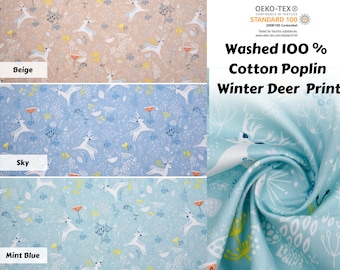 May include: Washed 100% cotton poplin fabric with a winter deer print. The fabric is available in three colors: beige, sky blue, and mint blue.