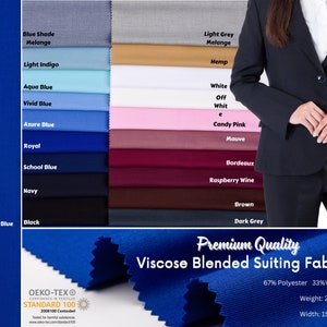 Puede incluir: Una carta de muestras de 16 colores diferentes de tejido de traje de mezcla de viscosa. Los colores incluyen azul, gris, blanco, rosa, rojo, marrón y negro. El tejido es 67% poliéster y 33% viscosa, pesa 280 gramos por metro y tiene un ancho de 150 centímetros. El tejido está certificado por OEKO-TEX Standard 100.