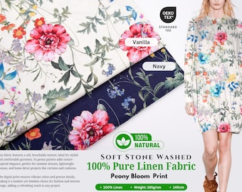 Tela 100% lino puro con estampado de peonías y efecto lavado a la piedra - 20822, tela de lino suavizada cortada a medida, lino natural, lino con buena caída, estilo cottagecore, floral.