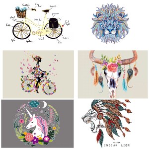 May include: A set of four digital illustrations featuring a bicycle made of flowers, a lion with a mandala design, a skull with flowers and feathers, and a unicorn with flowers and a crescent moon.