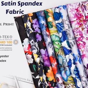 Premium Stretch Silky Satin Digital  Print Fabric  , Dress Bridal Fashion Wedding Material , hair scrunchy, turban fabric