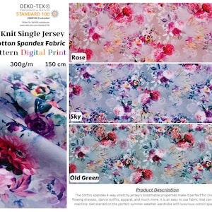 Tejido de punto orgánico de algodón y elastano con estampado digital de rosas - 6045