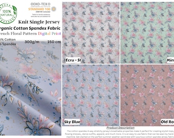 Organic Knit Cotton  Spandex Jersey French Floral  Digital  Print Fabric - 5064