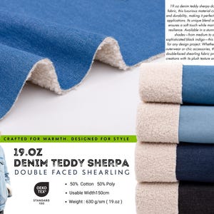 Puede incluir: Tejido de borreguillo de mezclilla teddy sherpa de doble cara en varios tonos índigo. La tela es de 19 oz y es una mezcla de algodón y poliéster. La imagen muestra a una mujer con una chaqueta vaquera con la misma tela.