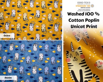 May include: Two fabric swatches with a repeating pattern of a cartoon cat with a unicorn horn. The cat is black and white with pink cheeks and is surrounded by yellow fish. The fabric swatches are labeled "Ochre" and "Denim". The text "Washed 100% Cotton Poplin Unicat Print" is displayed above the swatches.