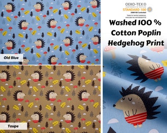 May include: Washed 100% cotton poplin fabric with a hedgehog print. The fabric is available in two colors: old blue and taupe. The fabric is certified Oeko-Tex Standard 100, which means it has been tested for harmful substances.