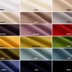 May include: Swatch card showing 18 different fabric colors, including white, ivory, creme, natural, stone, silver, dark grey, lavender, scarlet, ocher, chartreuse, green, khaki, aqua, teal, denim, navy, and black.