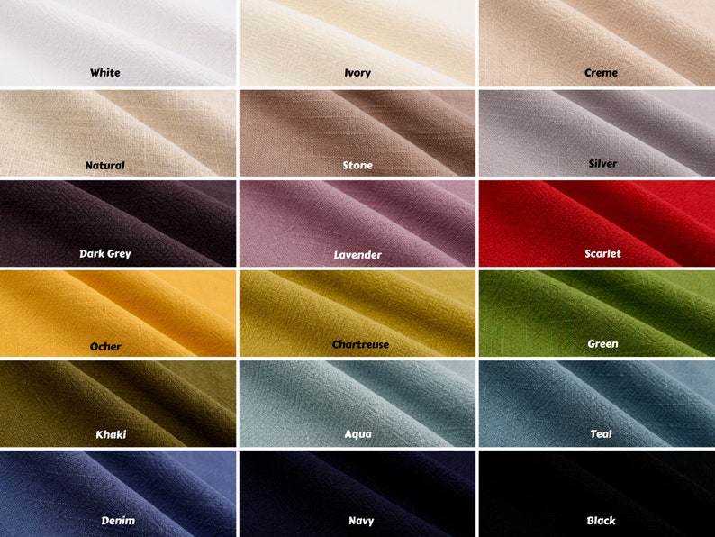 May include: Swatch card showing 18 different fabric colors, including white, ivory, creme, natural, stone, silver, dark grey, lavender, scarlet, ocher, chartreuse, green, khaki, aqua, teal, denim, navy, and black.