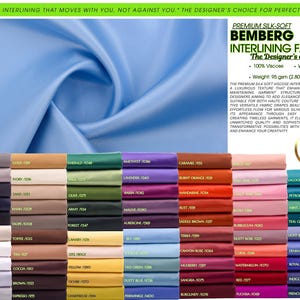 Peut inclure: Un tissu d'entoilage Bemberg bleu clair à la texture douce et soyeuse. L'image contient du texte précisant une composition 100% viscose, une largeur de 150 cm et un poids de 95 g/m². Une grille présente 69 échantillons de couleurs.