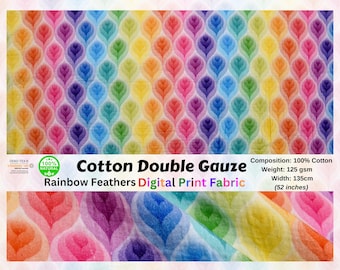 100% Cotton Double Gauze /Muslin Rainbow Feathers Digital Prints, muslin cotton Natural fabrics for baby , Baby Blanket Crinkle Gauze, dress