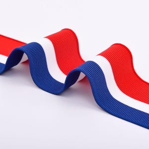 May include: A wavy ribbon with a tricolor design of red, white, and blue. The ribbon has a ribbed texture and is displayed against a white background. The colors are vibrant and distinct.