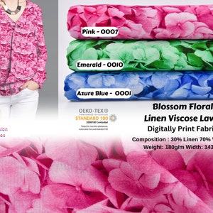 Peut inclure: Tissu en lin et viscose lav&eacute; floral rose, vert et bleu avec un motif de fleurs. Le tissu est imprim&eacute; num&eacute;riquement et a un poids de 180 g/m et une largeur de 143 cm. Le tissu est certifi&eacute; Oeko-Tex Standard 100.