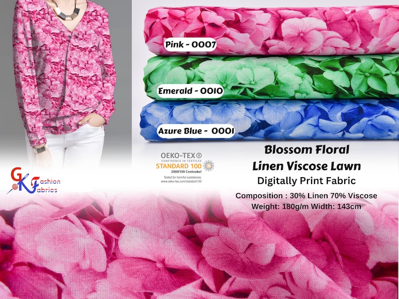 Peut inclure: Tissu en lin et viscose lav&eacute; floral rose, vert et bleu avec un motif de fleurs. Le tissu est imprim&eacute; num&eacute;riquement et a un poids de 180 g/m et une largeur de 143 cm. Le tissu est certifi&eacute; Oeko-Tex Standard 100.
