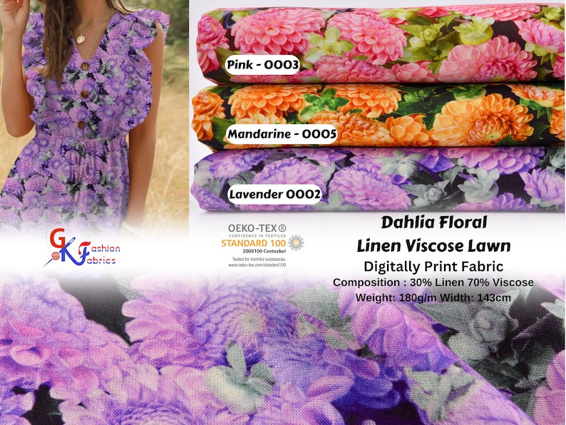 Peut inclure: Tissu imprim&eacute; floral dahlia en rose, orange et violet. Tissu en lin et viscose imprim&eacute; num&eacute;riquement. Composition : 30% lin 70% viscose. Poids : 180g/m Largeur : 143cm.