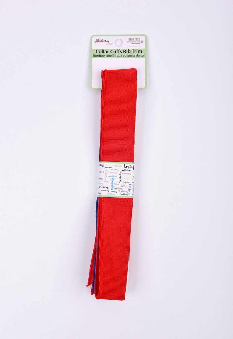 May include: Red collar cuffs rib trim, with the text "Collar Cuffs Rib Trim" and "Bordure c&ocirc;tel&eacute;e aux poignets du col". The trim is packaged on a white and green card. The trim is approximately 2 inches wide.