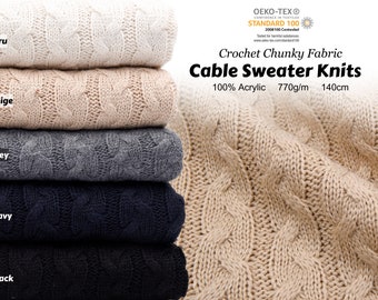 May include: Five samples of chunky cable knit fabric in ecru, beige, grey, navy, and black. The fabric is 100% acrylic, 770 grams per meter, and 140 centimeters wide. OEKO-TEX® STANDARD 100 certified.