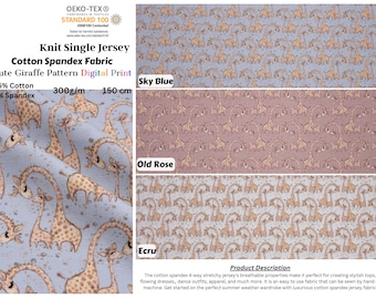 Knit Cotton Spandex Jersey Cute Giraffe Digital  Print Fabric - 5067
