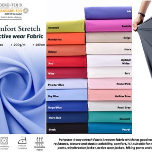 May include: A swatch of light blue Dri-Fit Comfort Stretch Woven Matte Active wear Fabric with a variety of colour swatches in the background. The fabric is 93% polyester and 7% spandex, 200g/m, and 147cm. The fabric is described as having good tensile strength, abrasion resistance, texture, and elastic scalability. It is suitable for making outdoor recreation trousers, windbreaker jackets, active wear jackets, hiking trousers, and other outdoor products.