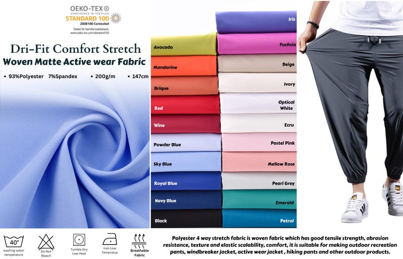 Może przedstawiać: Pr&oacute;bka jasnoniebieskiego materiału Dri-Fit Comfort Stretch Woven Matte Active wear z r&oacute;żnymi wzorami kolor&oacute;w w tle. Materiał jest w 93% z poliestru i 7% z elastanu, 200g/m i 147cm. Materiał jest opisany jako wytrzymały, odporny na ścieranie, o teksturze i elastyczności. Nadaje się do produkcji odzieży rekreacyjnej na świeżym powietrzu, kurtek przeciwdeszczowych, kurtek sportowych, spodni turystycznych i innych produkt&oacute;w na świeżym powietrzu.